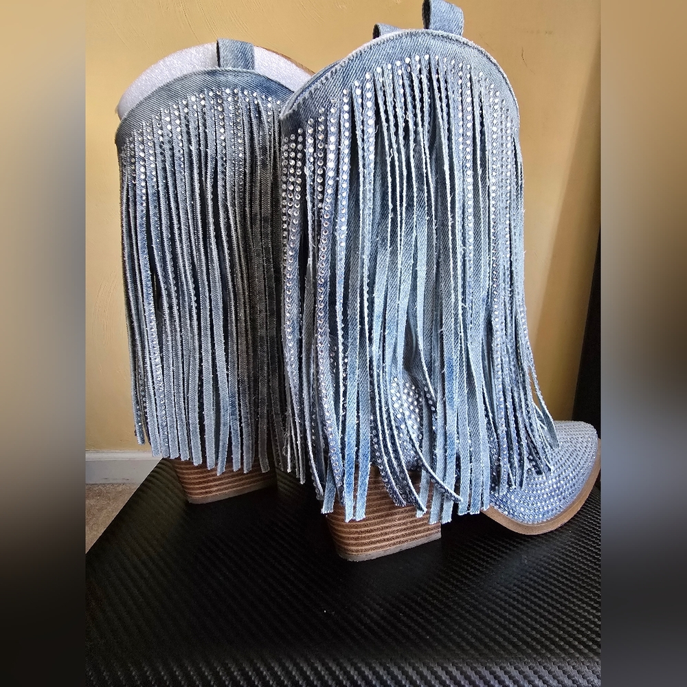 Jessica Simpson Denim Rhinestone Fringe Western Boot Size 9
